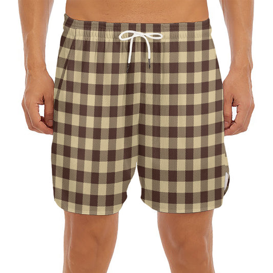 Brown And Beige Buffalo Check Print Men's Split Running Shorts
