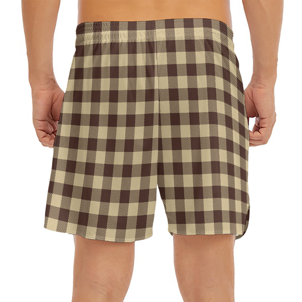 Brown And Beige Buffalo Check Print Men's Split Running Shorts