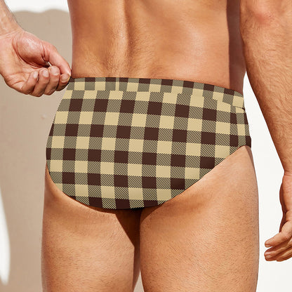 Brown And Beige Buffalo Check Print Men's Swim Briefs
