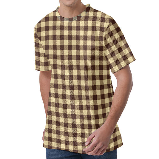 Brown And Beige Buffalo Check Print Men's Velvet T-Shirt