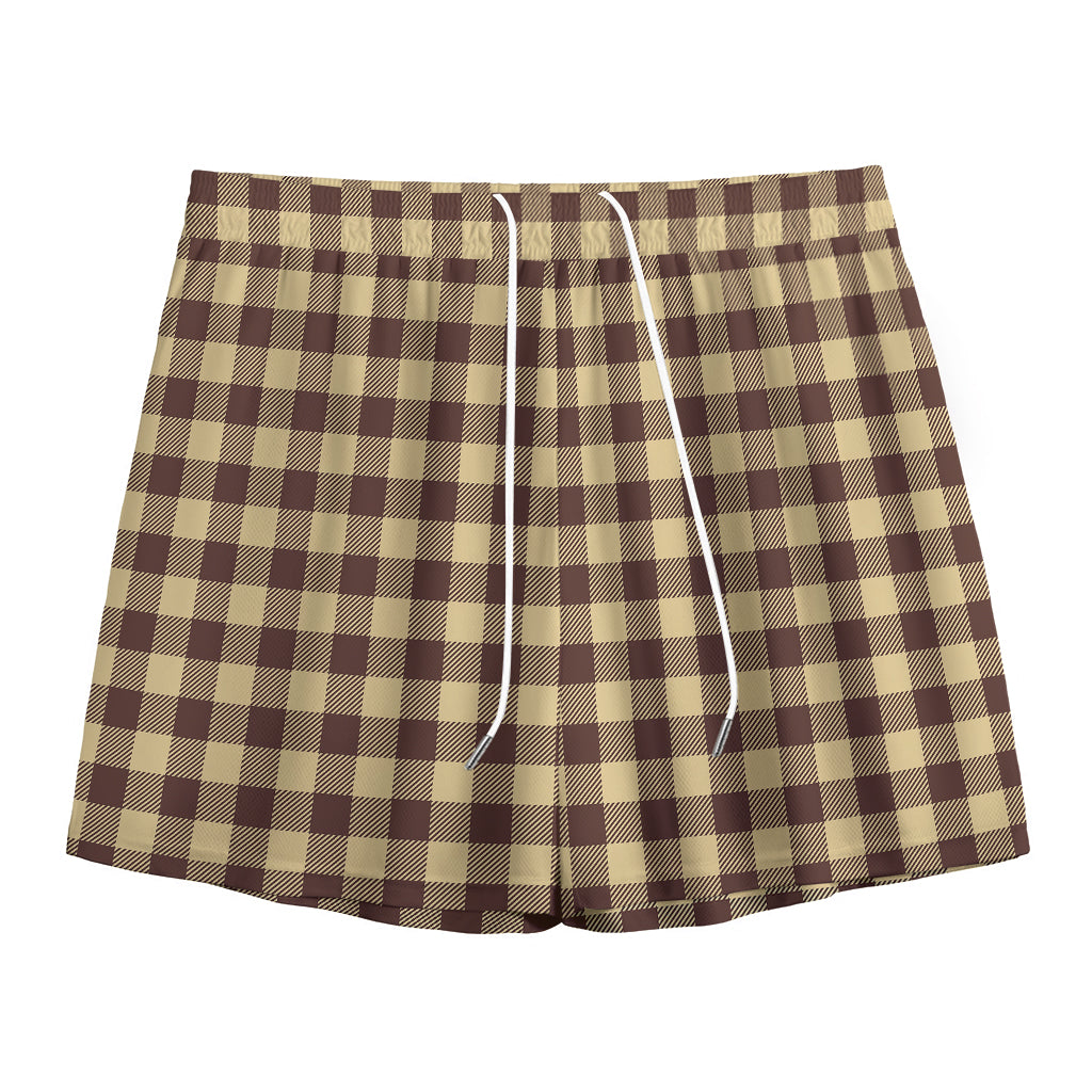 Brown And Beige Buffalo Check Print Mesh Shorts