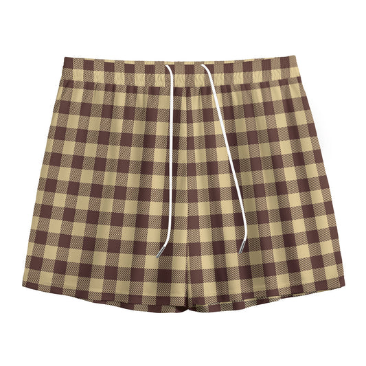 Brown And Beige Buffalo Check Print Mesh Shorts