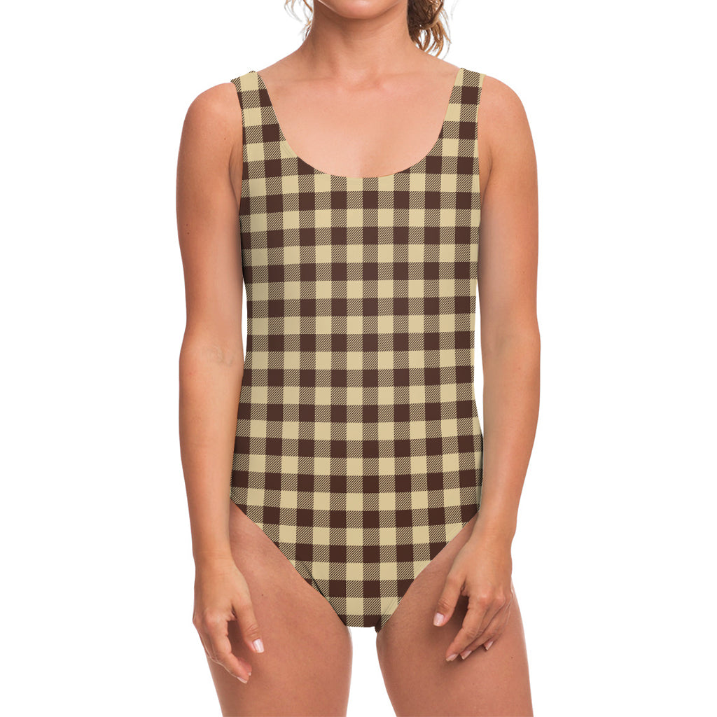 Brown And Beige Buffalo Check Print One Piece Swimsuit