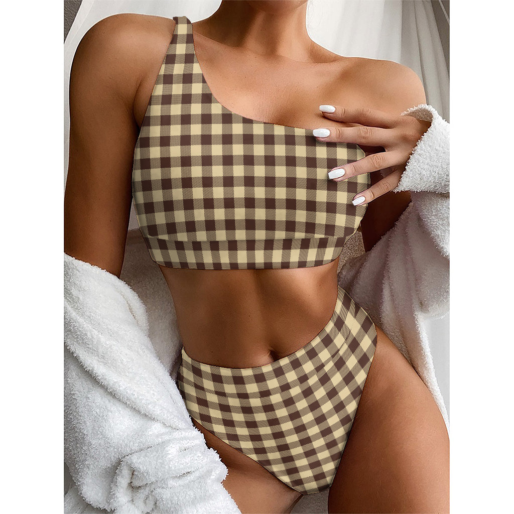 Brown And Beige Buffalo Check Print One Shoulder Bikini Top