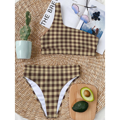 Brown And Beige Buffalo Check Print One Shoulder Bikini Top