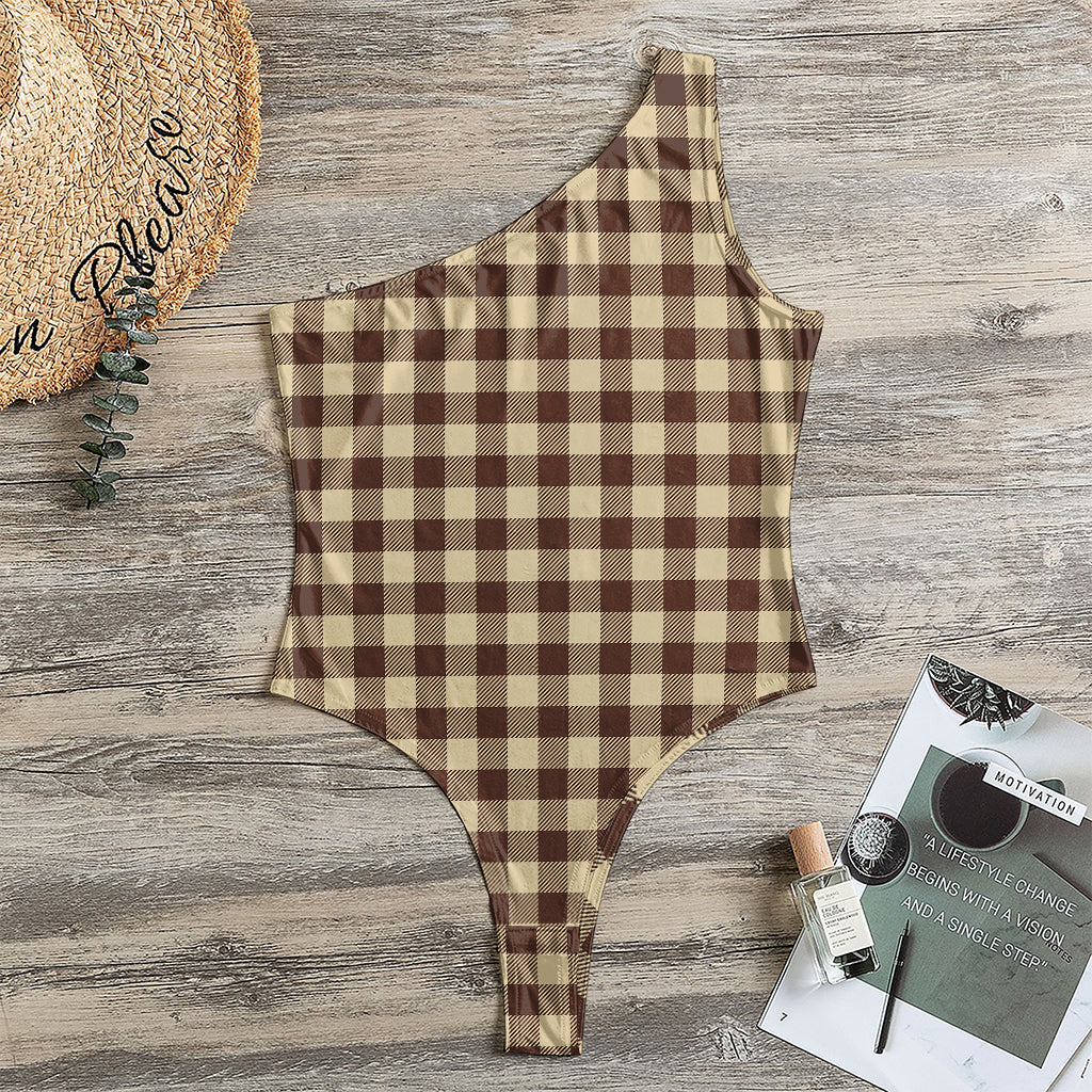 Brown And Beige Buffalo Check Print One Shoulder Bodysuit