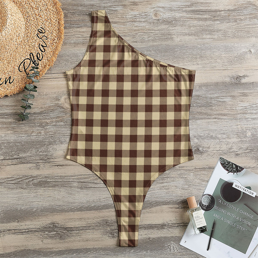 Brown And Beige Buffalo Check Print One Shoulder Bodysuit