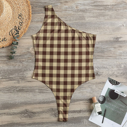 Brown And Beige Buffalo Check Print One Shoulder Bodysuit