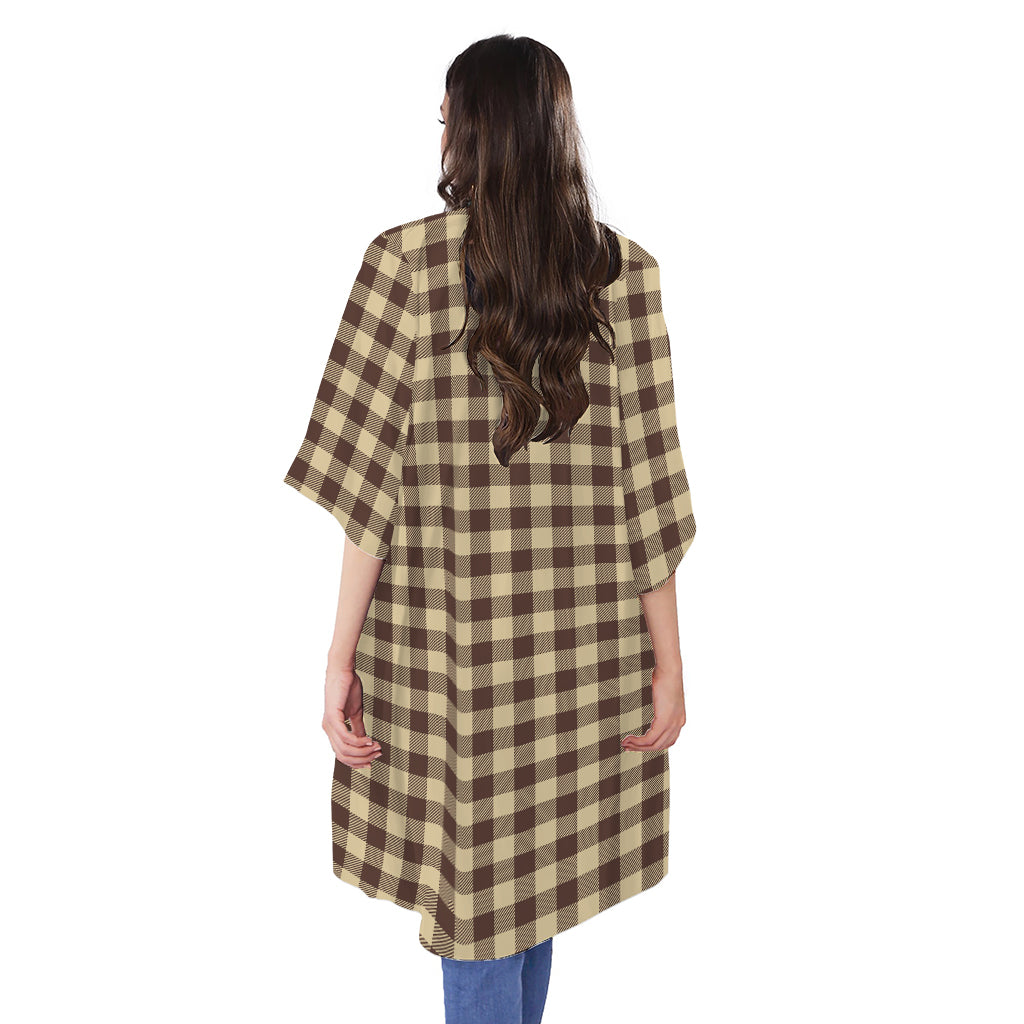 Brown And Beige Buffalo Check Print Open Front Beach Cover Up