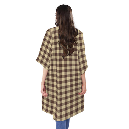 Brown And Beige Buffalo Check Print Open Front Beach Cover Up