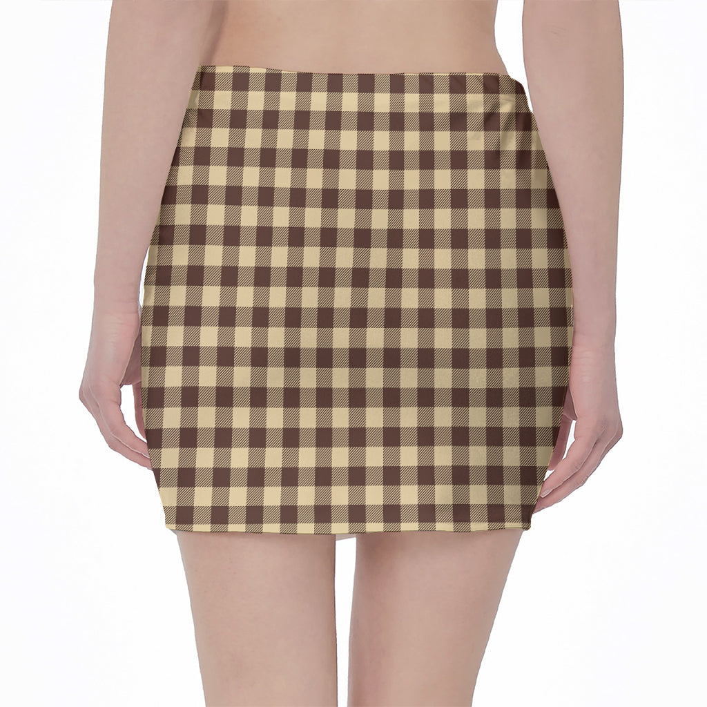 Brown And Beige Buffalo Check Print Pencil Mini Skirt