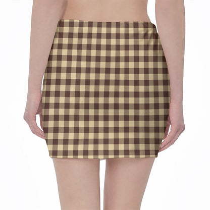 Brown And Beige Buffalo Check Print Pencil Mini Skirt