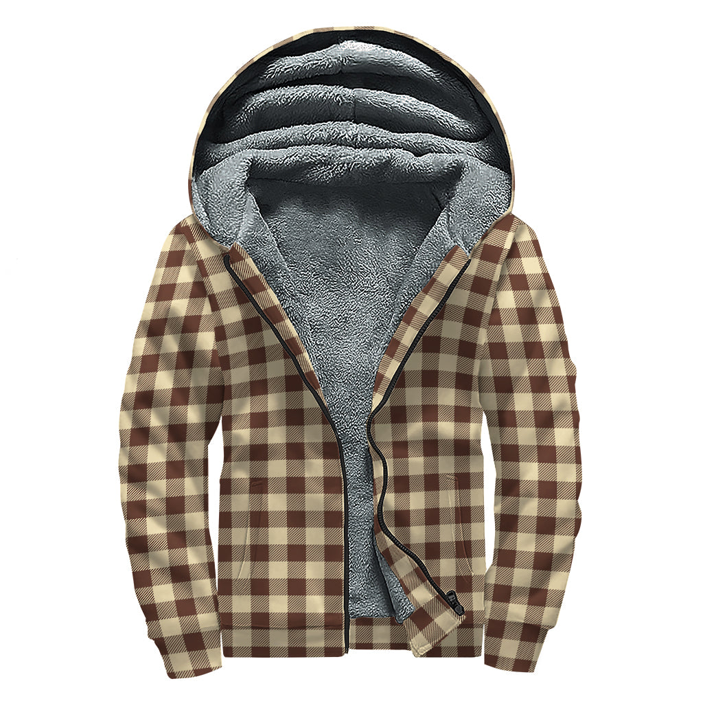 Brown And Beige Buffalo Check Print Sherpa Lined Zip Up Hoodie