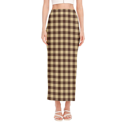 Brown And Beige Buffalo Check Print Side Slit Maxi Skirt