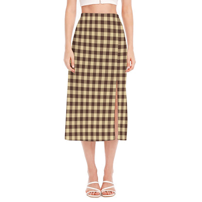 Brown And Beige Buffalo Check Print Side Slit Midi Skirt