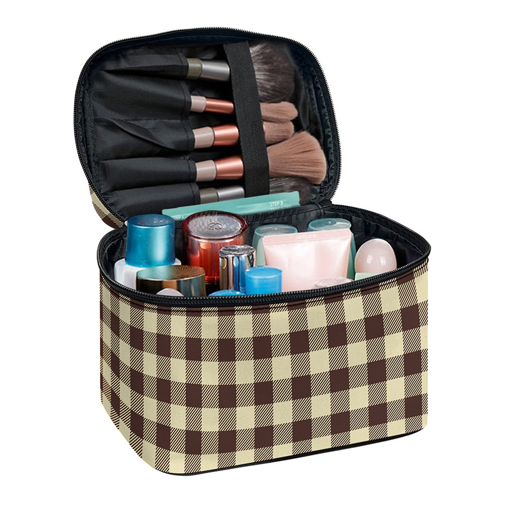 Brown And Beige Buffalo Check Print Travel Makeup Bag