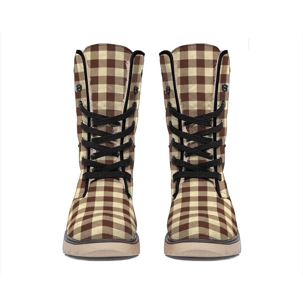 Brown And Beige Buffalo Check Print Winter Boots