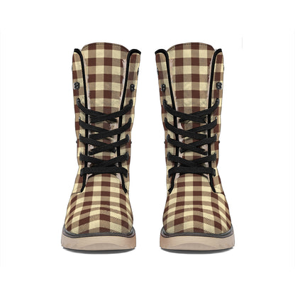 Brown And Beige Buffalo Check Print Winter Boots