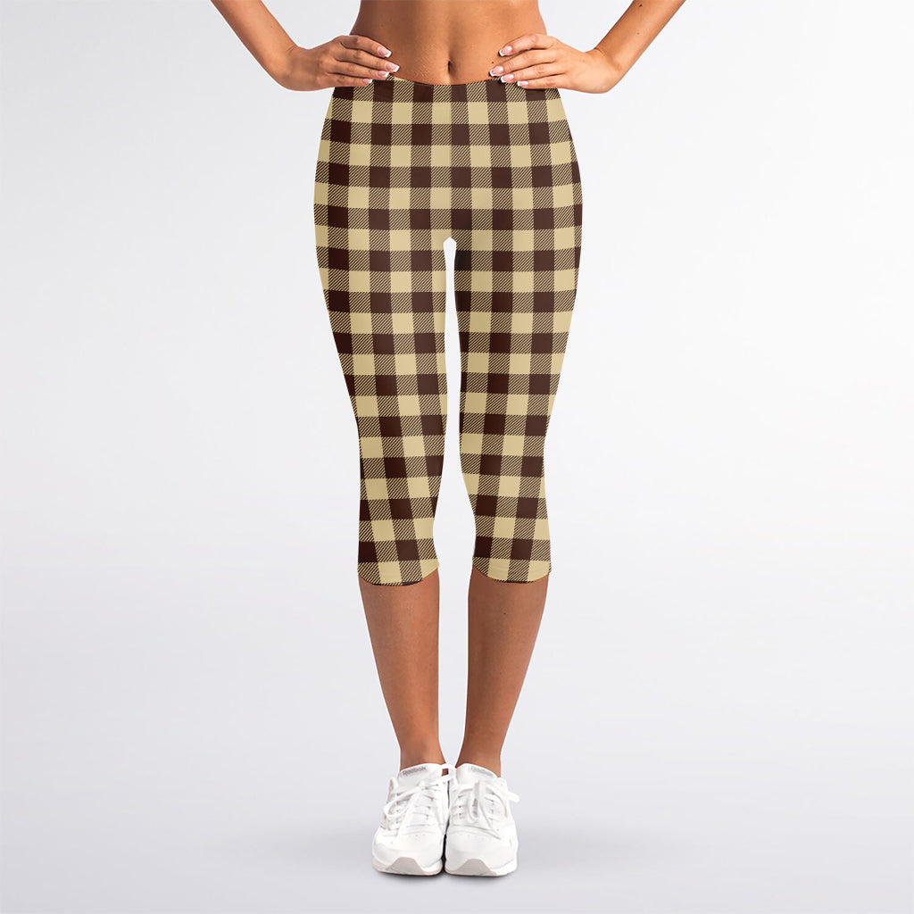 Brown And Beige Buffalo Check Print Women's Capri Leggings
