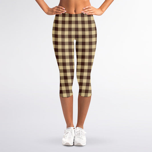 Brown And Beige Buffalo Check Print Women's Capri Leggings