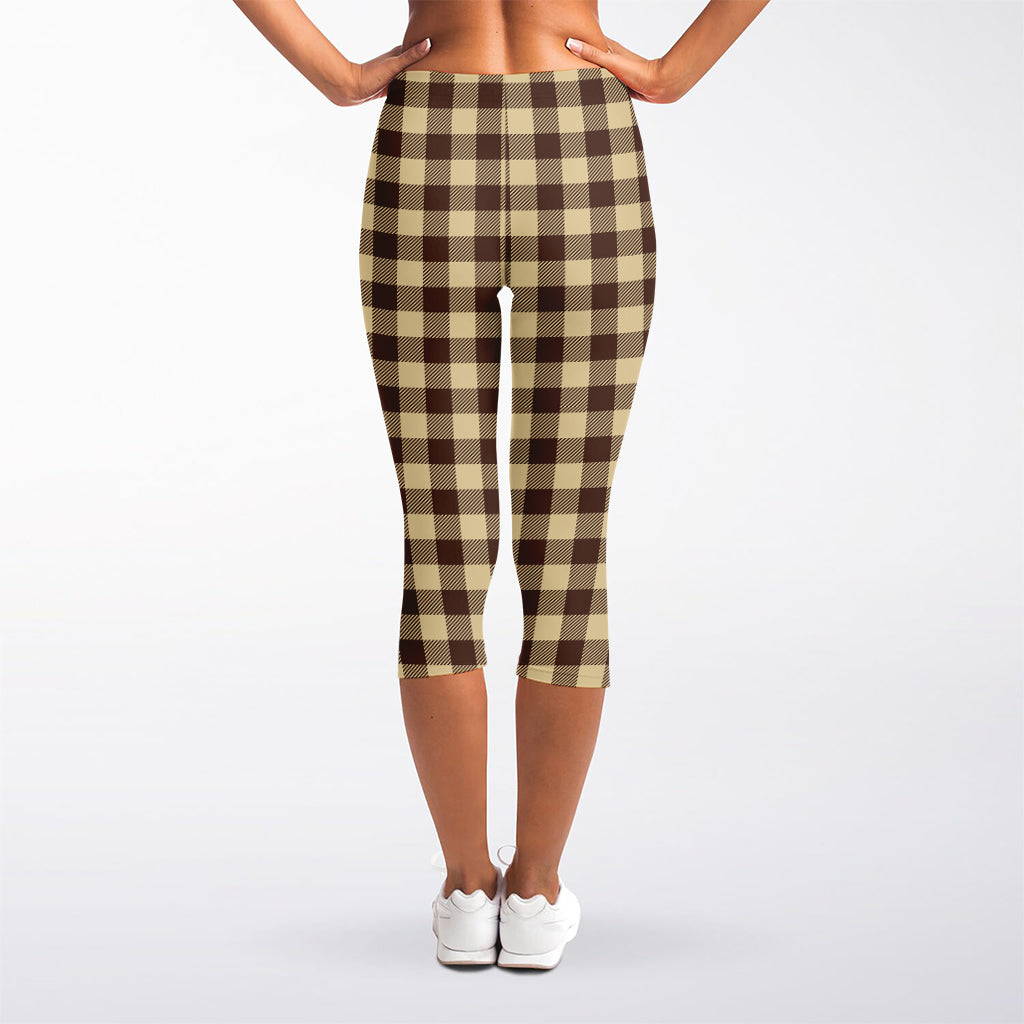 Brown And Beige Buffalo Check Print Women's Capri Leggings