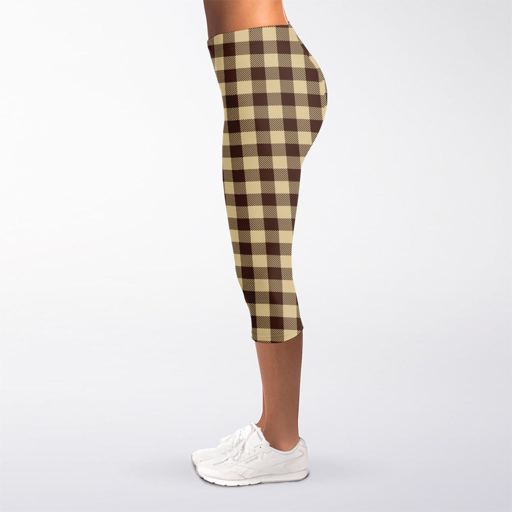 Brown And Beige Buffalo Check Print Women's Capri Leggings