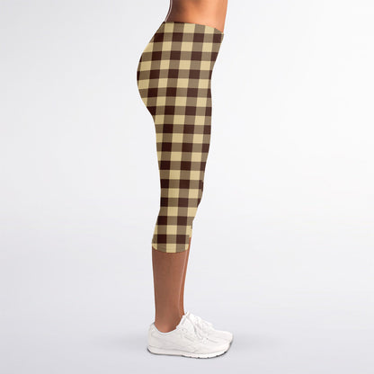 Brown And Beige Buffalo Check Print Women's Capri Leggings