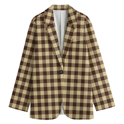 Brown And Beige Buffalo Check Print Women's Cotton Blazer