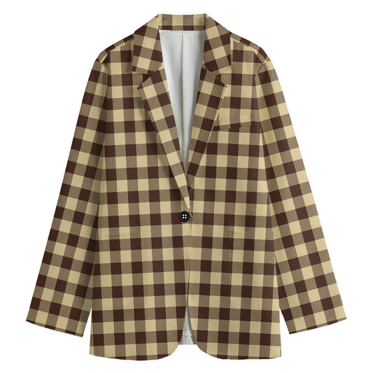 Brown And Beige Buffalo Check Print Women's Cotton Blazer
