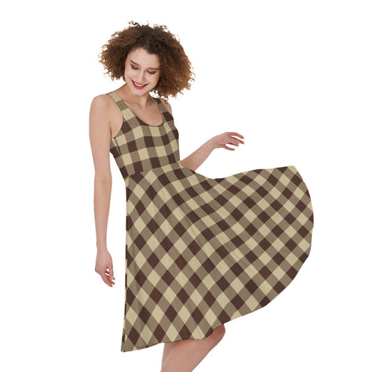 Brown And Beige Buffalo Check Print Women's Sleeveless Dress