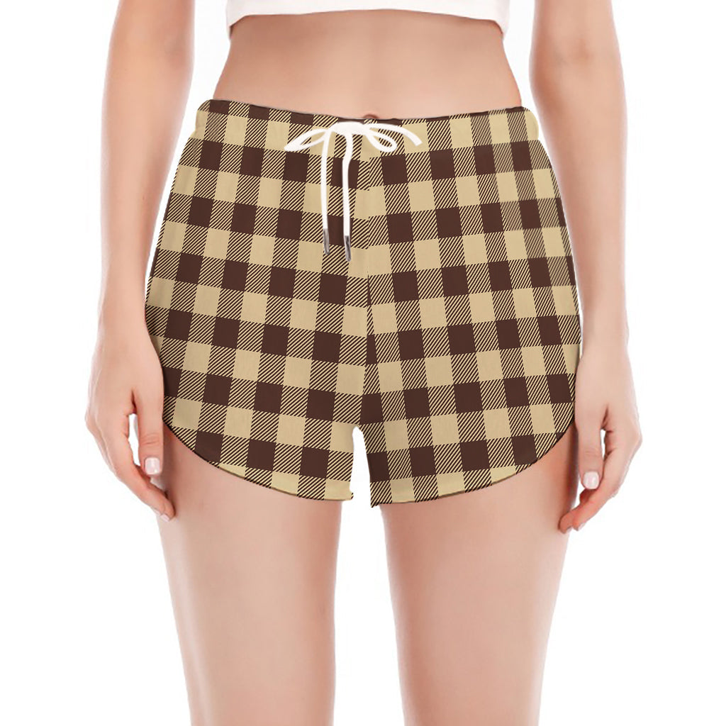 Brown And Beige Buffalo Check Print Women's Split Running Shorts