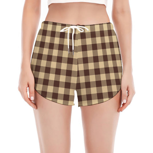 Brown And Beige Buffalo Check Print Women's Split Running Shorts