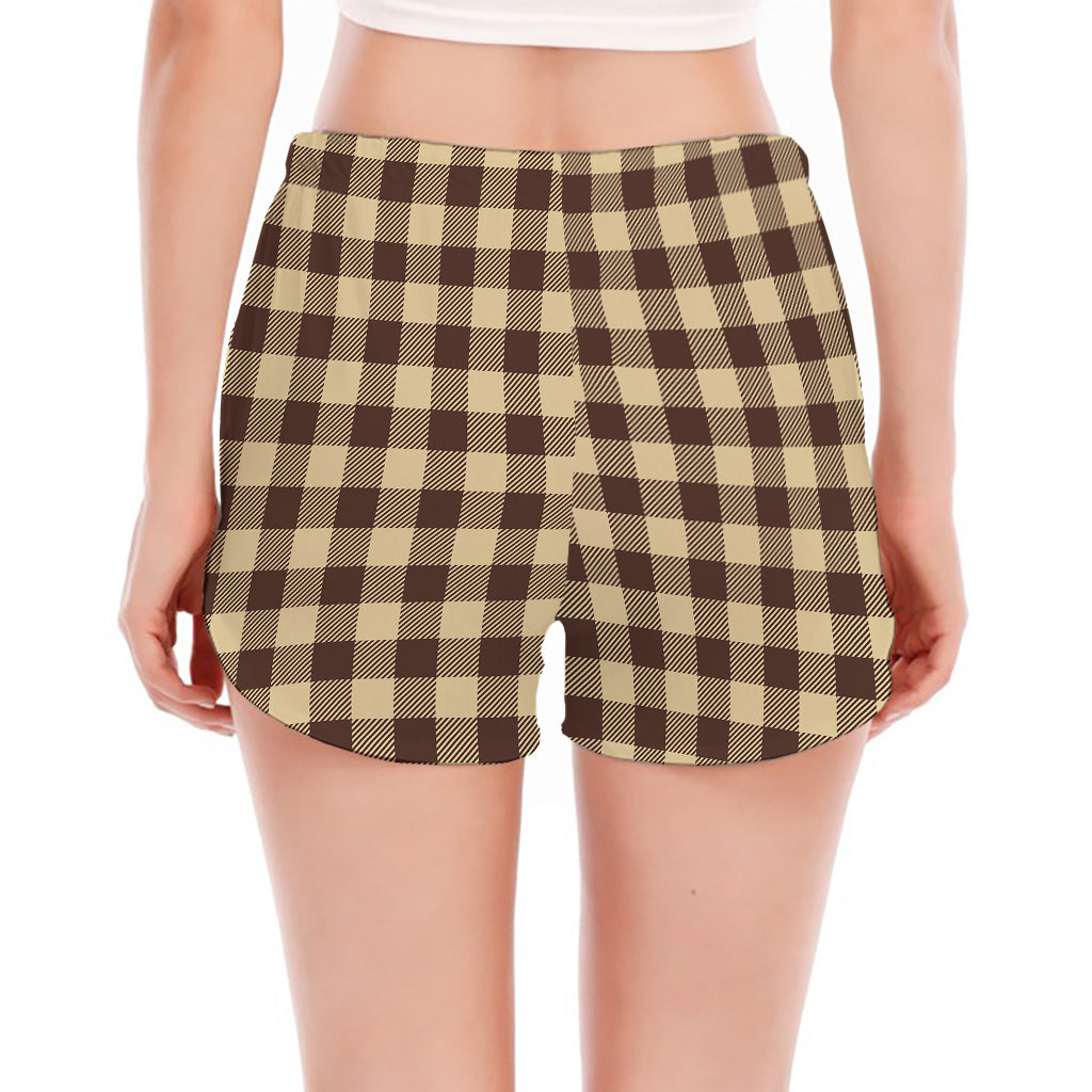 Brown And Beige Buffalo Check Print Women's Split Running Shorts