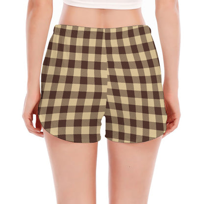 Brown And Beige Buffalo Check Print Women's Split Running Shorts