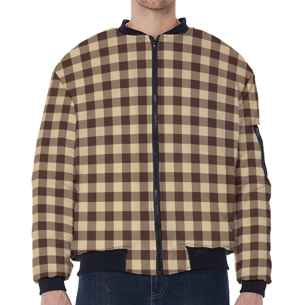 Brown And Beige Buffalo Check Print Zip Sleeve Bomber Jacket