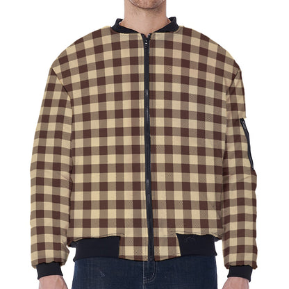 Brown And Beige Buffalo Check Print Zip Sleeve Bomber Jacket