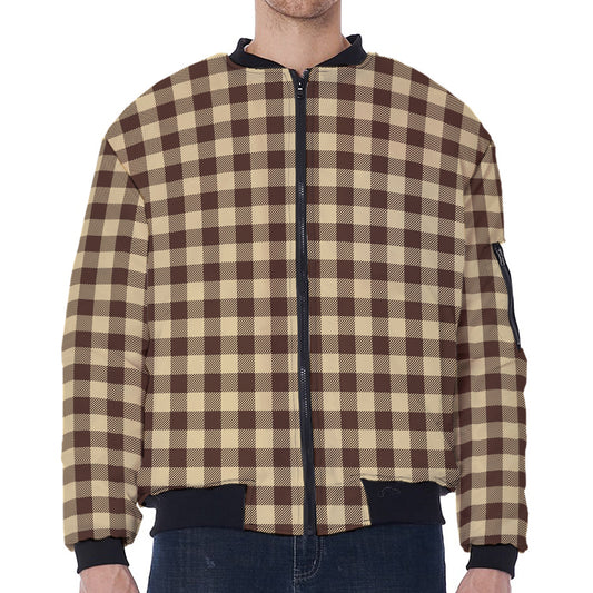 Brown And Beige Buffalo Check Print Zip Sleeve Bomber Jacket