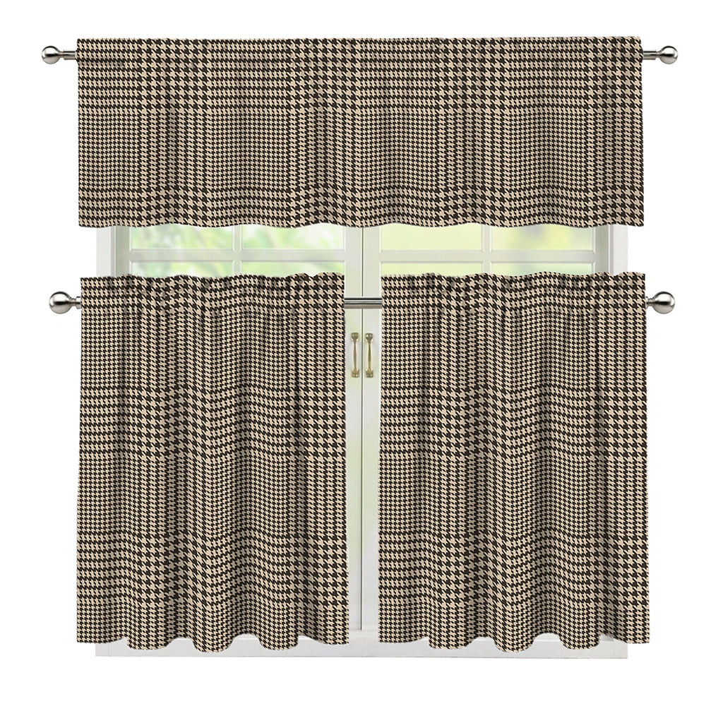 Brown And Beige Glen Plaid Print 3 Piece Kitchen Curtains