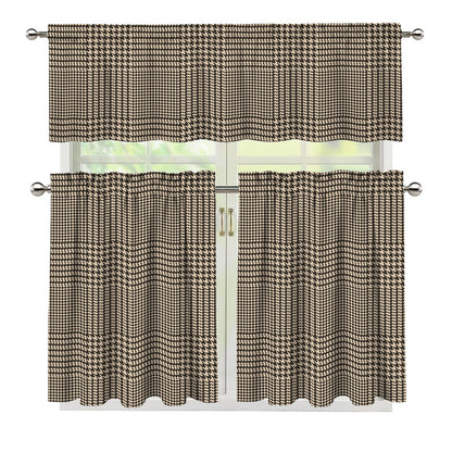 Brown And Beige Glen Plaid Print 3 Piece Kitchen Curtains