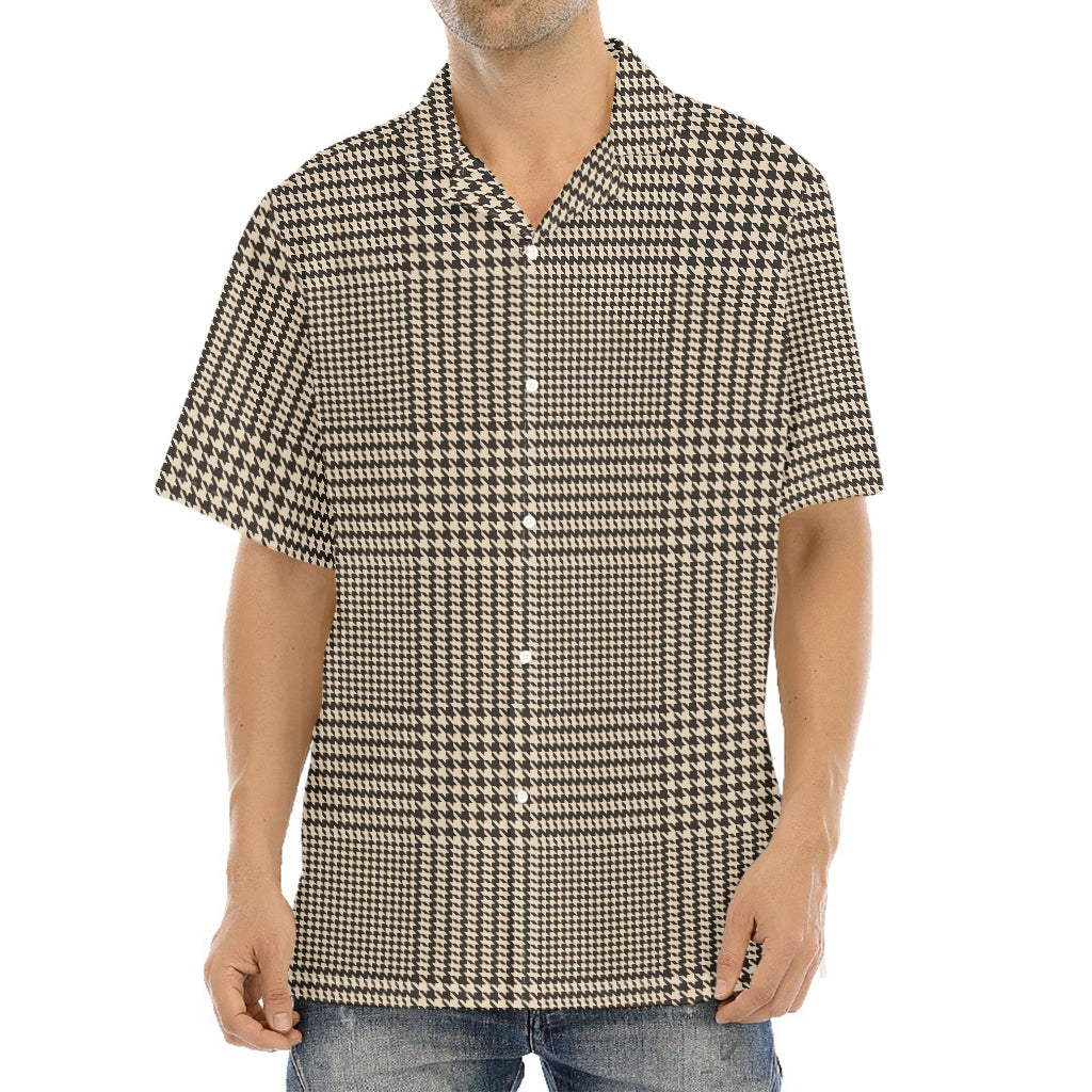 Brown And Beige Glen Plaid Print Aloha Shirt