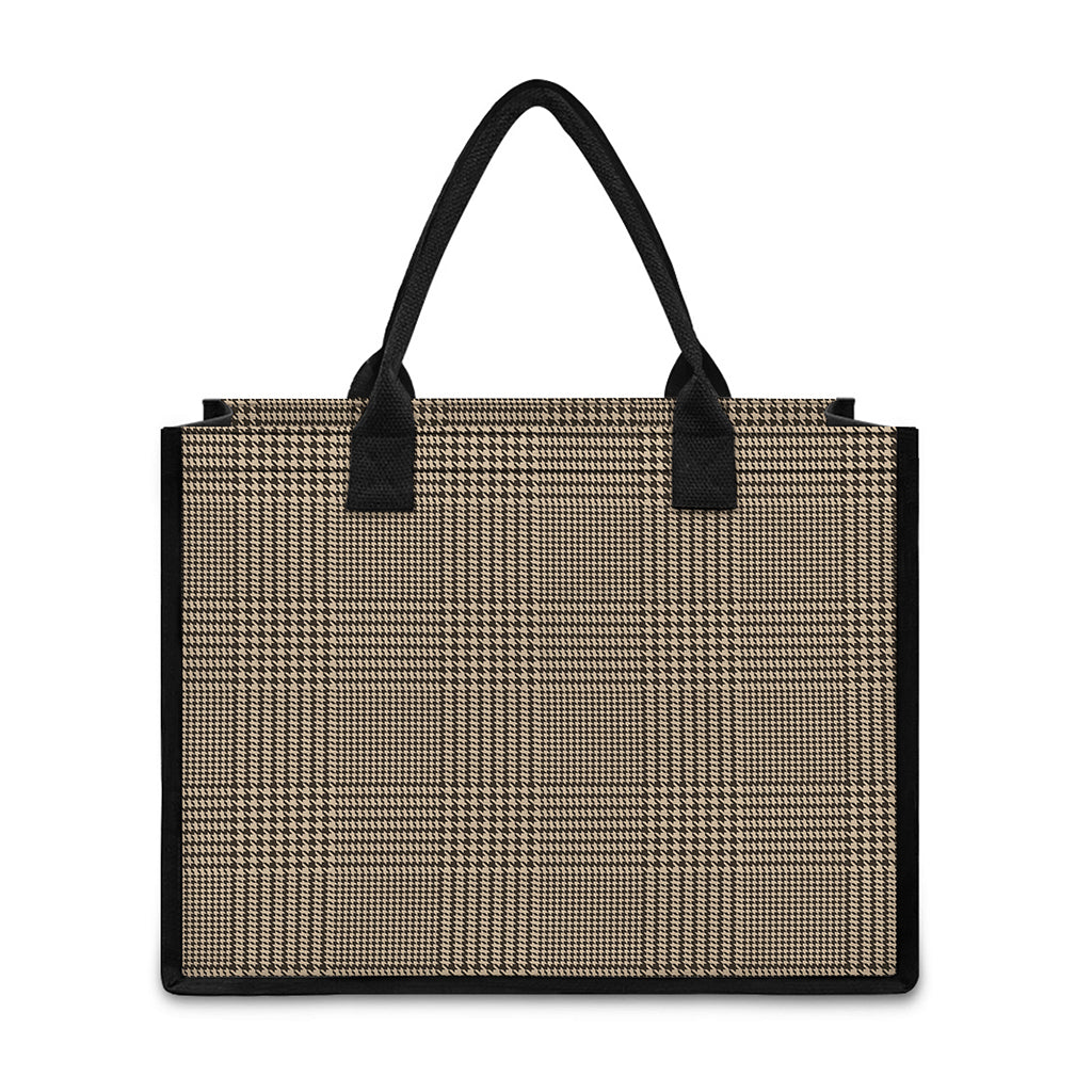 Brown And Beige Glen Plaid Print Canvas Tote Bag