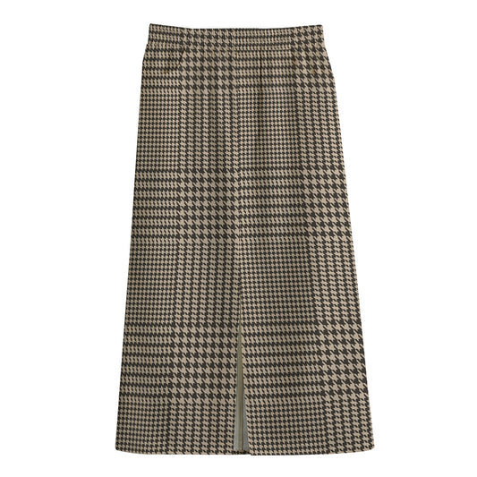 Brown And Beige Glen Plaid Print Cotton Front Slit Maxi Skirt