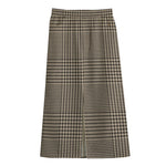 Brown And Beige Glen Plaid Print Cotton Front Slit Maxi Skirt