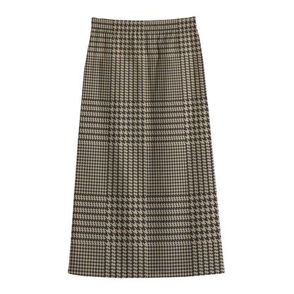 Brown And Beige Glen Plaid Print Cotton Front Slit Maxi Skirt