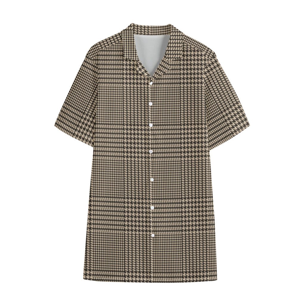 Brown And Beige Glen Plaid Print Cotton Hawaiian Shirt