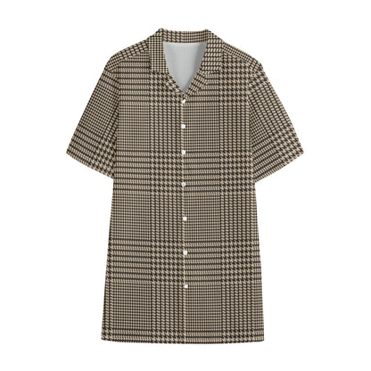 Brown And Beige Glen Plaid Print Cotton Hawaiian Shirt