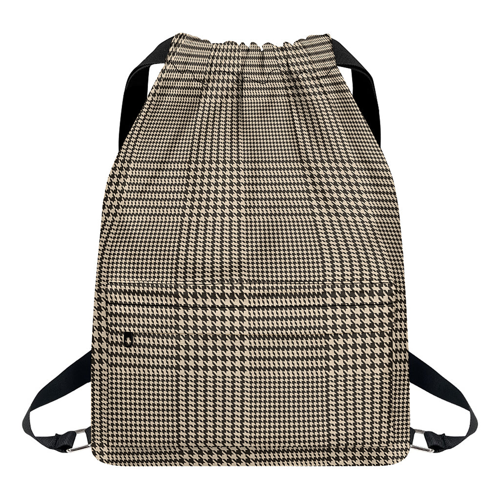 Brown And Beige Glen Plaid Print Drawstring Backpack