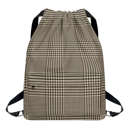 Brown And Beige Glen Plaid Print Drawstring Backpack