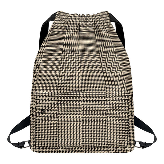 Brown And Beige Glen Plaid Print Drawstring Backpack