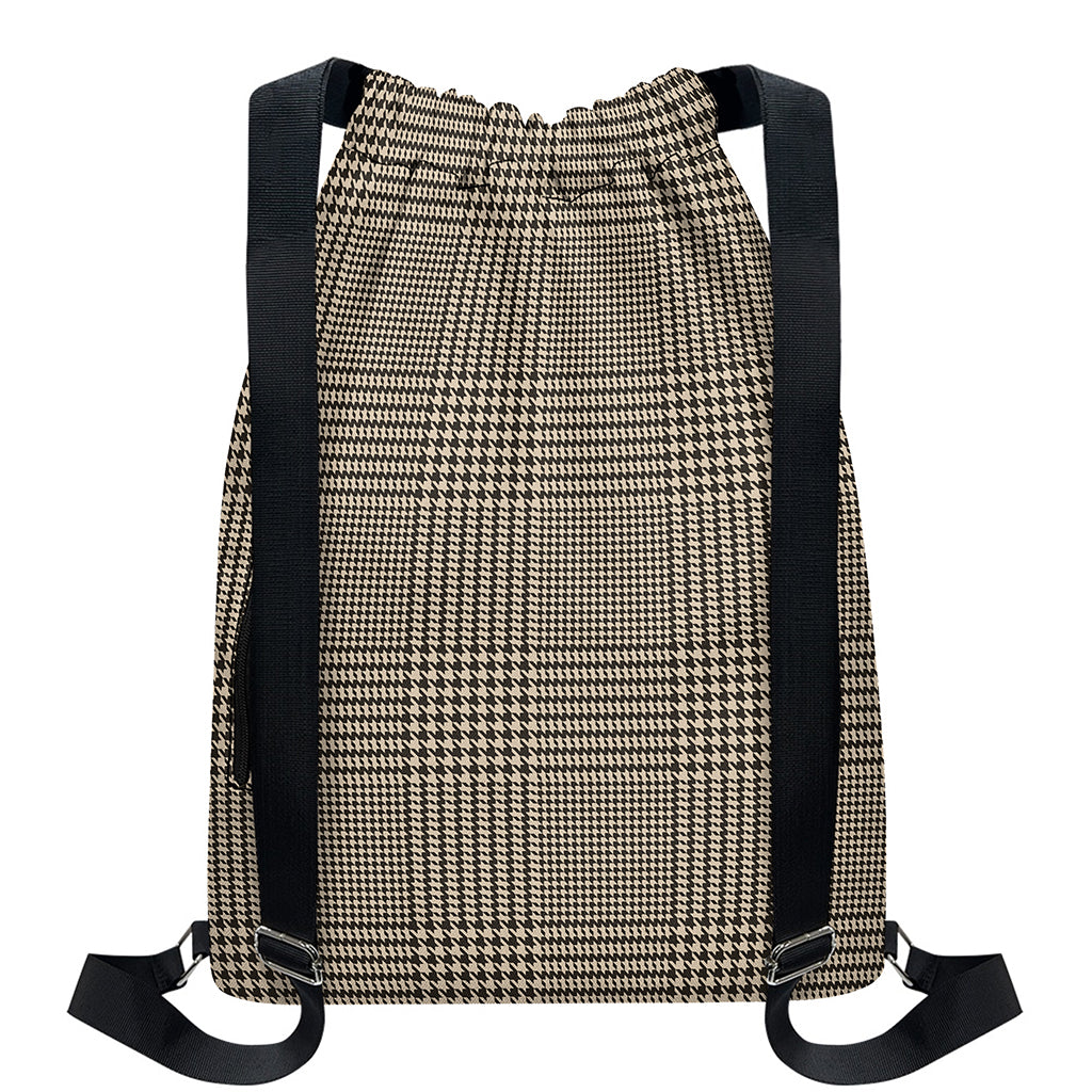 Brown And Beige Glen Plaid Print Drawstring Backpack